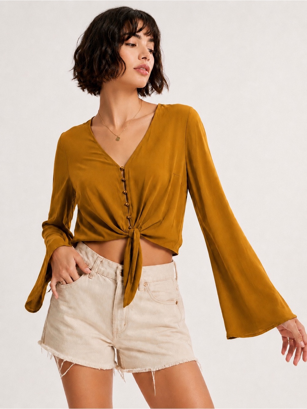 Urban Romantics Mustard Ochre V-Neck Tie-Front Cropped Bell Sleeve Blouse Size S